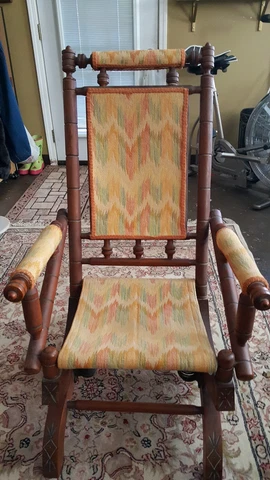 Antique Eastlake Victorian Turned Walnut Gold Material Rocking Chair Cover
