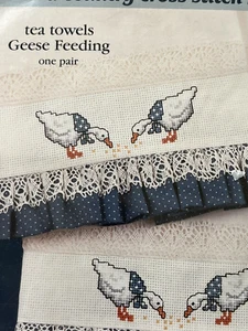 TEA TOWEL KIT Cross Stitch Geese Kitsch Granny Cottage Core Fabric Lace - Picture 1 of 5