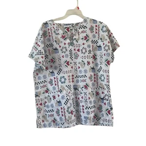 Landau Scrub Top Womens Medium White Home Spring Heart Short Sleeve V Neck - Picture 1 of 9