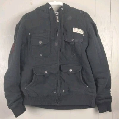 Affliction Black Premium Jacket Mens Medium Hooded Distressed Thick Quilted - Imagem 1 de 4