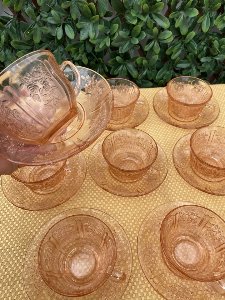 Vtg Federal Pink Sharon Cabbage Rose Cup And Saucer Set Of 8 Depression Glass - image 1 of 4