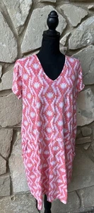 Kim Rogers Cotton Shift Dress Large Pink Geometric Pockets Short Sleeve EC - Picture 1 of 7