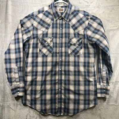 Camisa Ely Cattleman Hombres Talla LT Azul Cuadros Perla A Presión Vaquero Occidental Rodeo DEFECTOS Foto 1 de 4