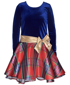 Bonnie Jean Big Girls Long Sleeve Velvet Bodice to Plaid Skirt Dress - Blue Size - Picture 1 of 3