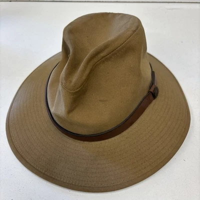 Orvis Seattle Canvas Beige Tan Packer Cap Hat Medium Fedora Brimmed Made in USA - Image 1 of 4