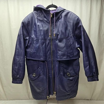 Vintage Diana Marco Womens Dark Purple Zip Up Leather Coat With Hood Size 18 - Image 1 of 4