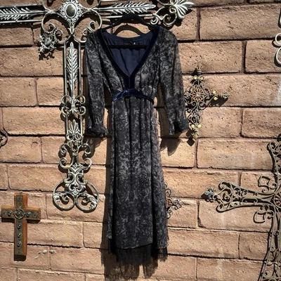 Maxi Vestido de Seda Elie Tahari Talla 2 Mangas Campana Terciopelo Transparente Capricho Foto 1 de 4