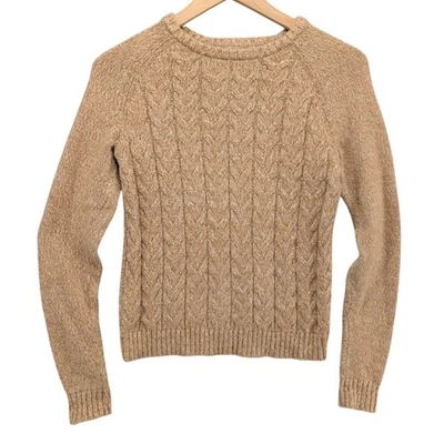 Suéter Lands End Drifter para mujer color camel tostado tejido con cable algodón pulóver talla XSP Foto 1 de 4
