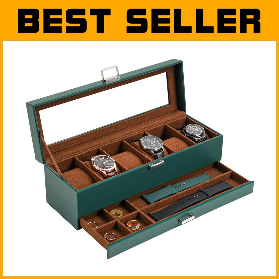 Men's Watch Box - 6 Slot Display Case with Drawer Glass 6-Slot Midnight Green