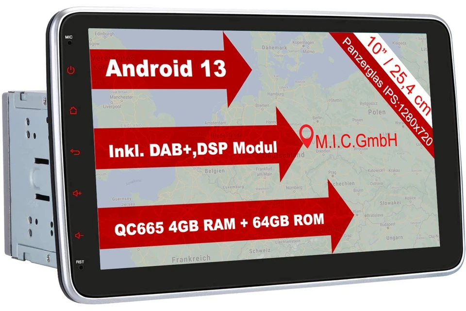 M.I.C. AU10 Android 12 Autoradio mit navi Qualcomm Snapdragon 665 4G+64G: DSP - Bild 1 von 4