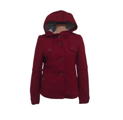Anthropologie Elevenses Hooded Peacoat Pea Coat Size 6 Wine Red Wool Blend - Image 1 of 4