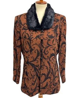 Винтажный Jessica Howard Blazer искусственного меха воротник коричневый барокко печать блестки размер 12 - Изображение 1 из 4