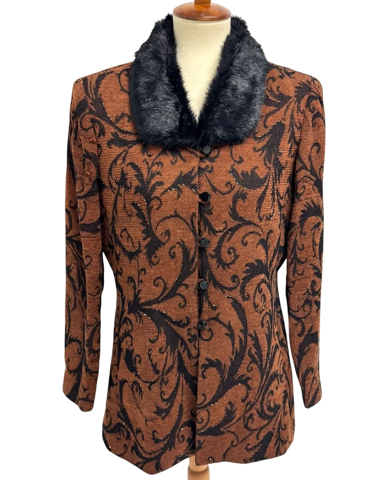 复古 Jessica Howard Blazer 人造毛皮领 棕色 巴洛克印花亮片 尺寸 12 — 第 1/4 张图片