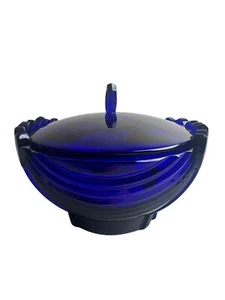 Centro de mesa de vidrio Art Deco azul cobalto vintage cuenco diseño tulipán con tapa - Imagen 1 de 13