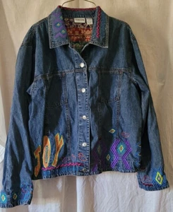 Chico's Size 2 Denim Jacket Hippy Joy Ducks Geometrics Colorful Animals Frog - Picture 1 of 19