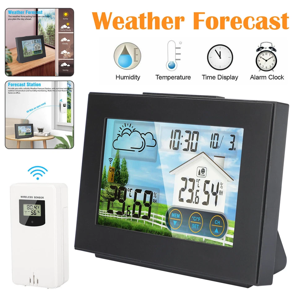 Digital LCD Indoor & Outdoor Weather Station Clock Calendar Thermometer Wireless - Image 1 of 4