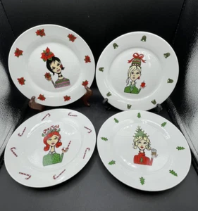 Snack Plates Whimsical Christmas Ladies Vintage Set Of 4 - Picture 1 of 11
