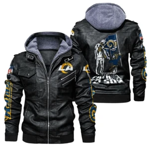 NFL Los Angeles Rams Bomber Hooded Leather Jacket with Sticker Patchwork - Picture 1 of 6