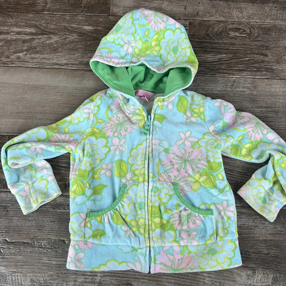 Lilly Pulitzer ~ Niñas Floral Terciopelo Cremallera Chaqueta Sudadera con Capucha ~ Talla 4 Foto 1 de 4