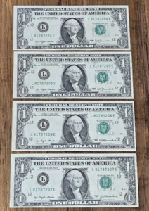 1977 Series $1 Dollar Bill * (4) $1 Sequential Serial Numbers One Dollar Bill’s - Picture 1 of 6