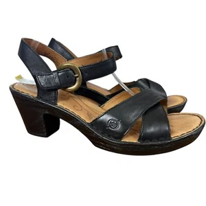 Born Black Leather Strappy Ankle Strap Chunky Block Heels Sandals Shoes sz 9 - Picture 1 of 17