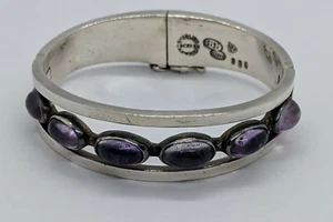 SIGI PINEDA Pulsera Brazalete de Plata de Ley Oval Piedras Púrpuras Taxco Bisagra 925 - Imagen 1 de 6
