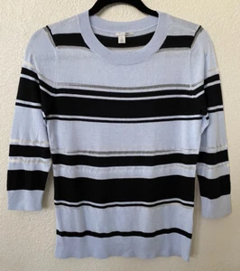 New HALOGEN Crewneck Sweater Three-quarter sleeves In Blue W/stripes Size PS - Picture 1 of 10