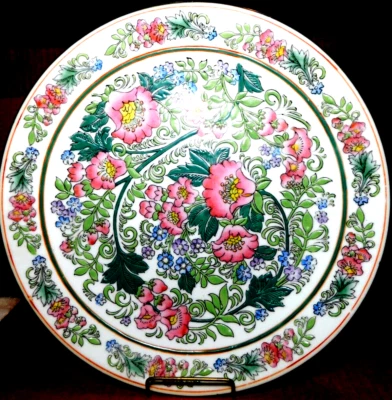 Plato decorativo chino de 12" sin marca ~ pintado a mano patrón floral elevado años 60 Foto 1 de 4