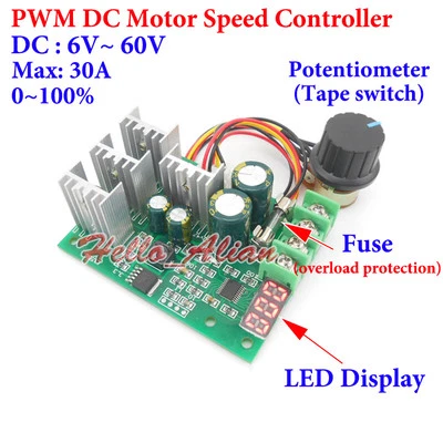 Digital LED DC 6-60V 12V 24V 36V 48V 30A PWM DC Motor Speed Controller Regulator - Image 1 of 4
