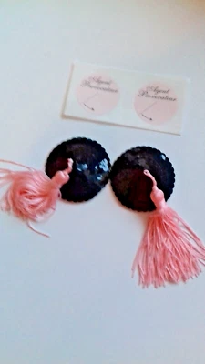 AGENT PROVOCATEUR BLACK SEQUIN PASTIES NIPPLE COVERS WITH PINK TASSELS BNWOT - Image 1 of 3