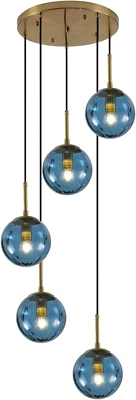 Iluminación Lámpara colgante de vidrio azul nórdico 5 luces globo racimo iluminación colgante Foto 1 de 4