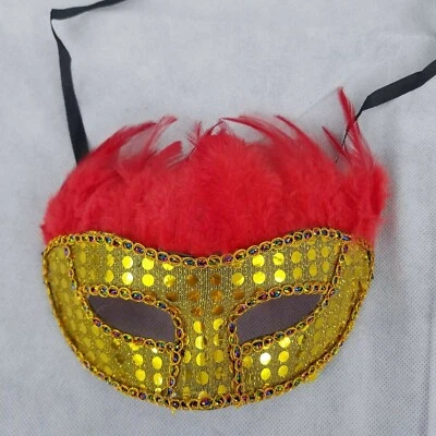 Costume Masquerade Ball Eye Mask Red Gold Halloween, Feathered - Image 1 of 2