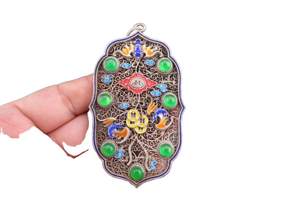 China, jade, plata pura, filigrana, incrustación de jadeíta, murciélago raro, colgante D425 Foto 1 de 4