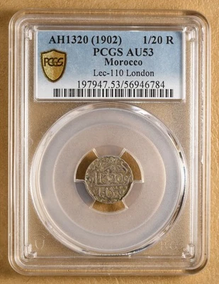AH1320 (1902) Marruecos 1/20 Rial 'LEC-110 Londres' PCGS AU53 Foto 1 de 4