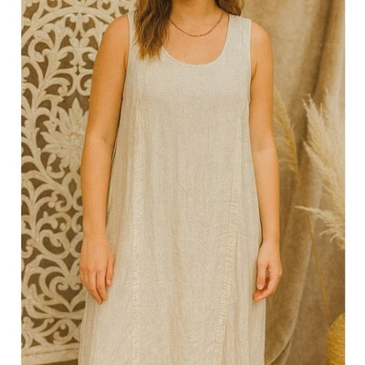Vestido midi de lino sin mangas con cuello redondo laterales ventilados marca FLAX talla 6 8 10 Foto 1 de 4