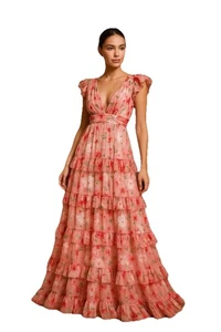 Mac Duggal Blumen Rüschen Abendkleid Damen Rosa Maxikleid Flatter Formell - Bild 1 von 8
