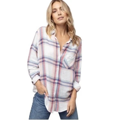 Camisa xadrez Rails mistura de linho Natalie melão branco botão para cima tamanho P varejo $158 - Imagem 1 de 4