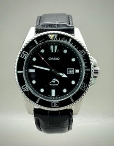 Casio WR 200m MDV-106 Analog schwarzes Zifferblatt Edelstahl mit Lederband - Bild 1 von 6