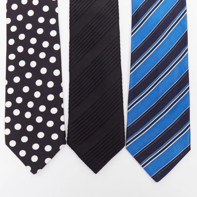 BRIONI Juego de 3 Corbata 100% Seda Azul Rayas Diagonales Pliegues Negros Blanco Lunares Foto 1 de 4