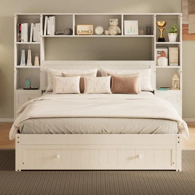Full Queen Size Platform Bed with Bookcase Headboard All-in-One Wall Cabinet Bed - Image 1 of 4