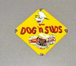 VINTAGE 12” DOG SUDS ROOT BEER PORCELAIN SIGN GAS OIL CAR TRUCK MOTORCYCLE - Picture 1 of 2