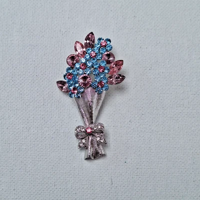 Vintage LaBelle Signed Rhinestone Bouquet Brooch Pink & Blue Flower Pin - Image 1 of 4