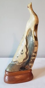 Vintage Hand Carved Buffalo Horn Peacock Figurine Justa Exclusive Wood Base 10" - Picture 1 of 13