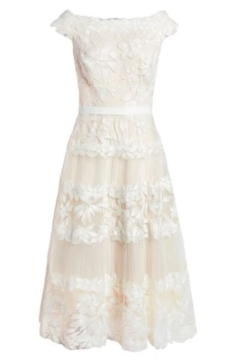 Vestido Midi Chá Bordado Floral Pétala de Marfim Adriane 12 Novo com etiquetas Tadashi Shoji - Imagem 1 de 4