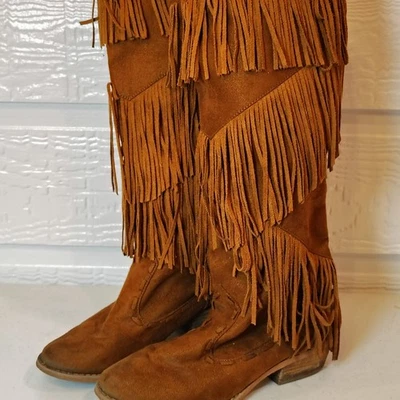Botas de Gamuza Marrón con Flecos Sin Clasificar Festival Boho Western Talla 6.5 Pull On Foto 1 de 4