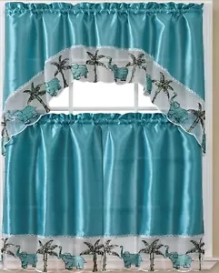 3 pc. Embroidery Curtains Set: 2 Tiers & Swag, ELEPHANTS & PALM TREES ON AQUA,ST - Picture 1 of 16