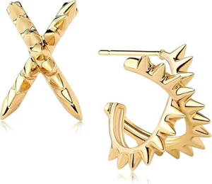 14K Gold Plated Hoop Earrings Cubic Zirconia Spiked Symmetry Stud Jewelry Gift - Picture 1 of 4