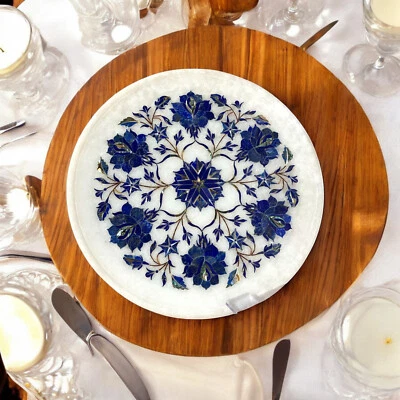 Plato de servir de mármol único de 12" lapislázuli con incrustación floral piedra arte cocina decoración Foto 1 de 4