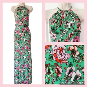 Next Floral Maxi Dress - Size 8 10 Green Pink Long Halterneck Stretch 70s Retro - Picture 1 of 11
