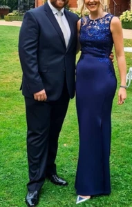 Lipsy Navy Maxi Dress 10 UK Lace Evening Party Occasion Prom Wedding Side Slit - Picture 1 of 19